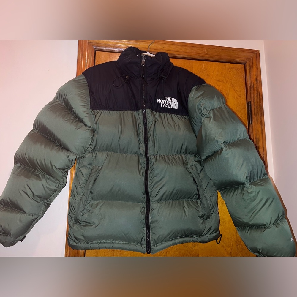 (The North Face 1996 Retro Nuptse down puffer jacket in olive green)